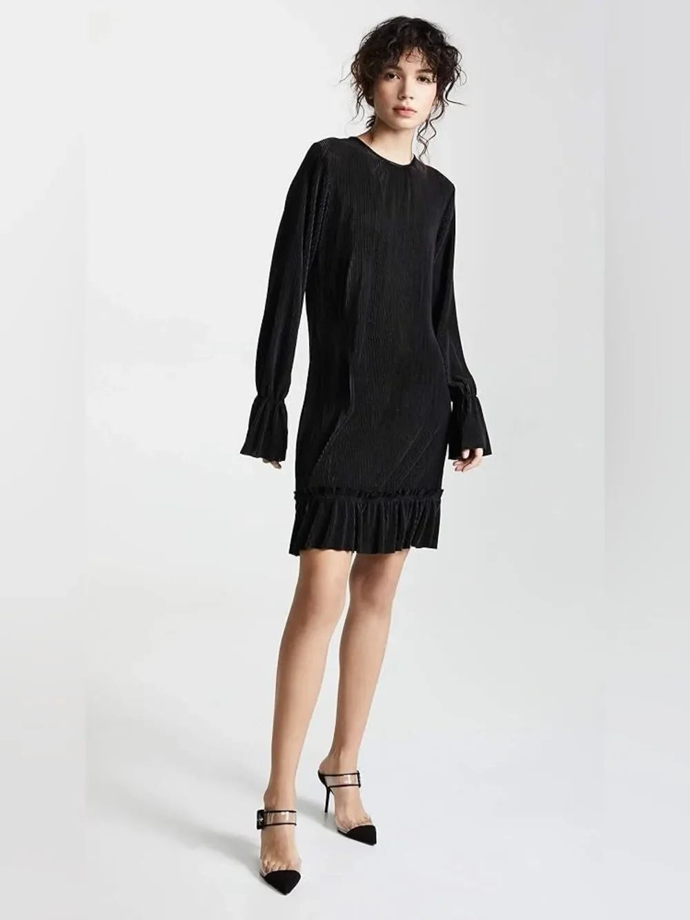 The Fifth Label Relativity Long Bell Sleeve Ruffle Shift Dress Black Small LBD